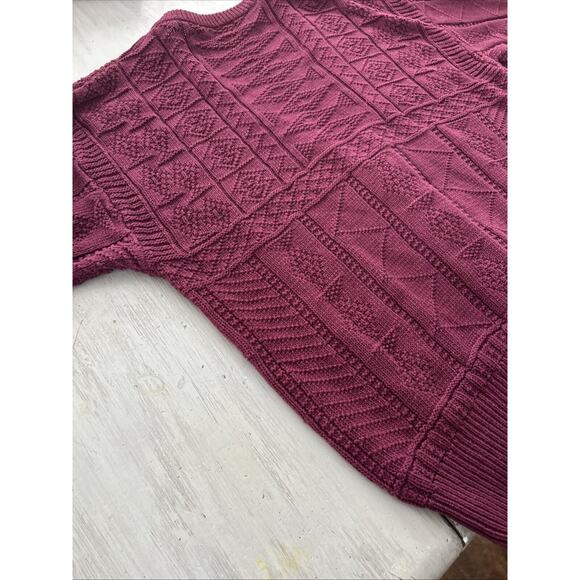 Vtg Structure Burgundy Cable Knit Fisherman Leather Buttons Cardigan Sz L 90s - Picture 10 of 10